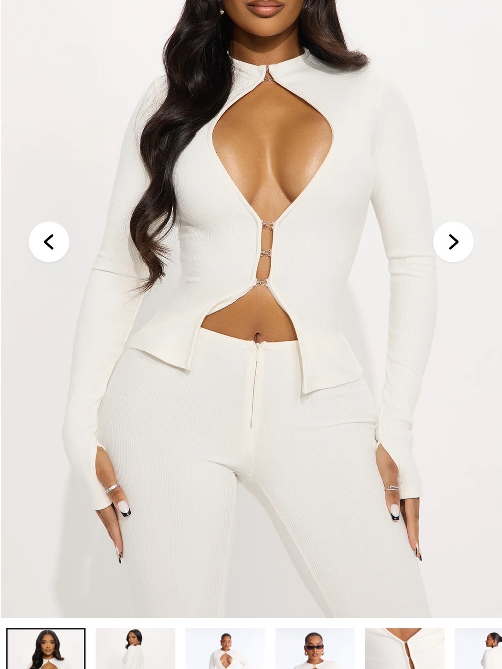 Fashion Nova White Ribbed Hook-Front Cutout Long Sleeve Top